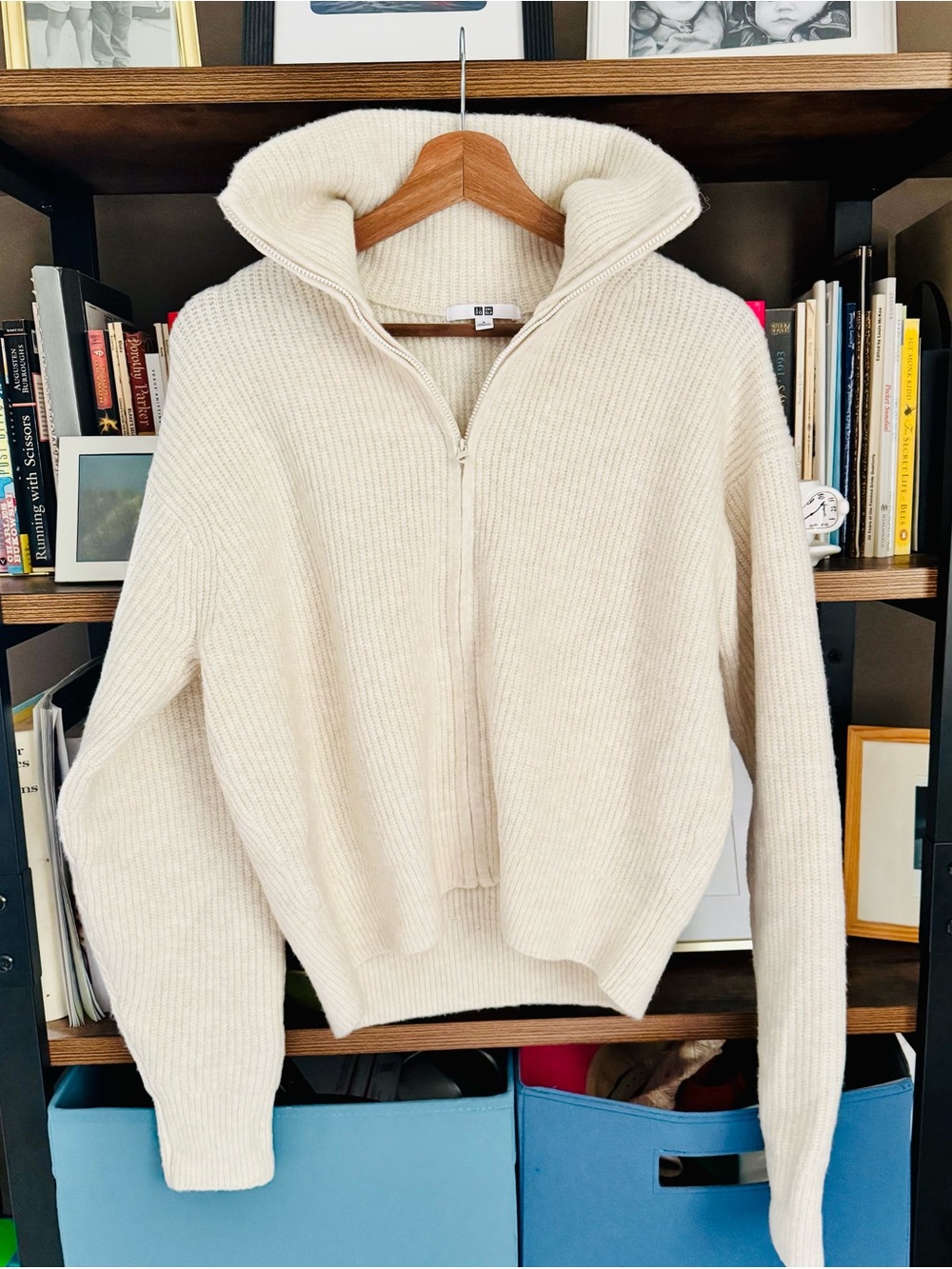 Uniqlo Cream Ribbed Knit Full Zip High Neck Sweater Cardigan Size S